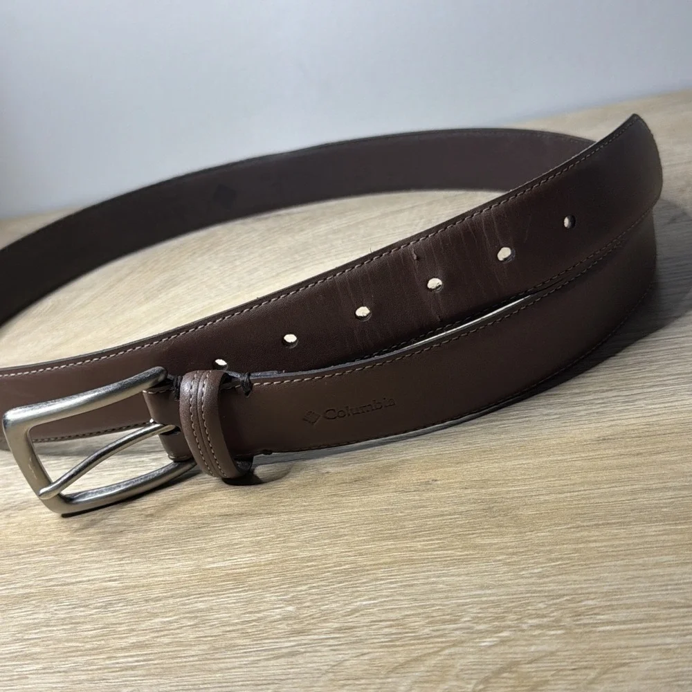 Columbia Brown Leather Lined Belt Men's Large 36-40 Silver‎ Buckle Work Casual